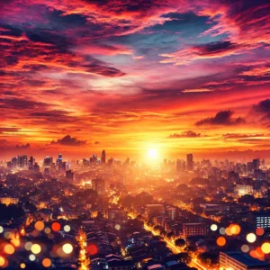 A vivid sunset over a cityscape with orange and pink skies and twinkling city lights, illustrating the power of descriptive language.