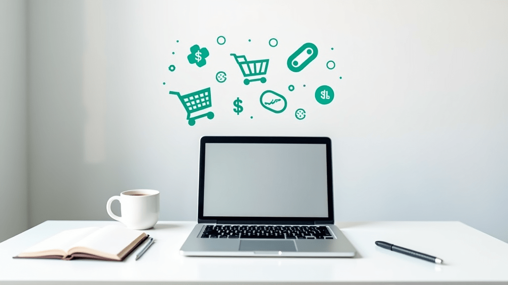 Open laptop on a desk with coffee cup, notebook, and notepad, surrounded by affiliate marketing icons digitally floating above.