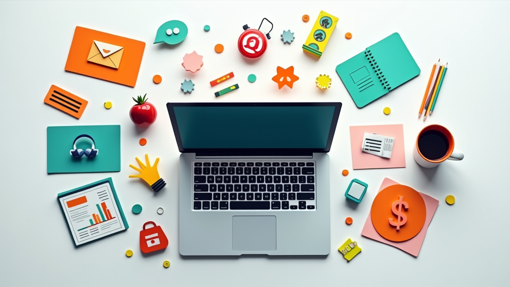 A stylized illustration of a laptop surrounded by marketing icons, arrows, and money symbols, representing affiliate marketing.