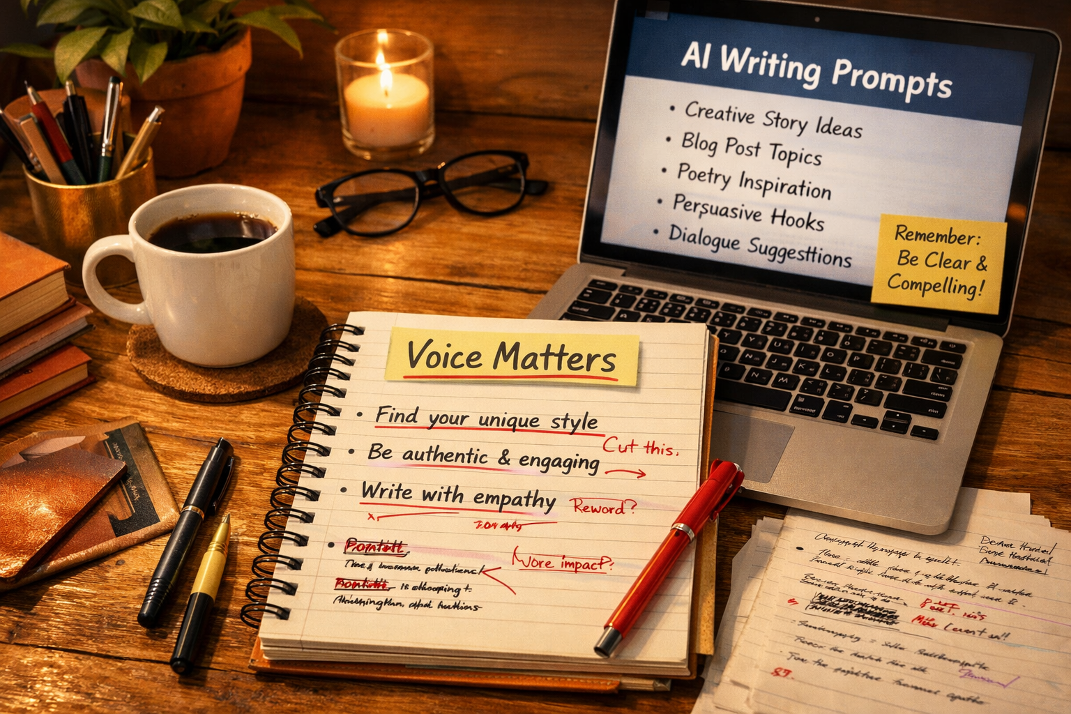 A warm desk scene with a human notebook, laptop showing AI writing prompts, coffee, handwritten edits, and a headline note that says “Voice Matters.”