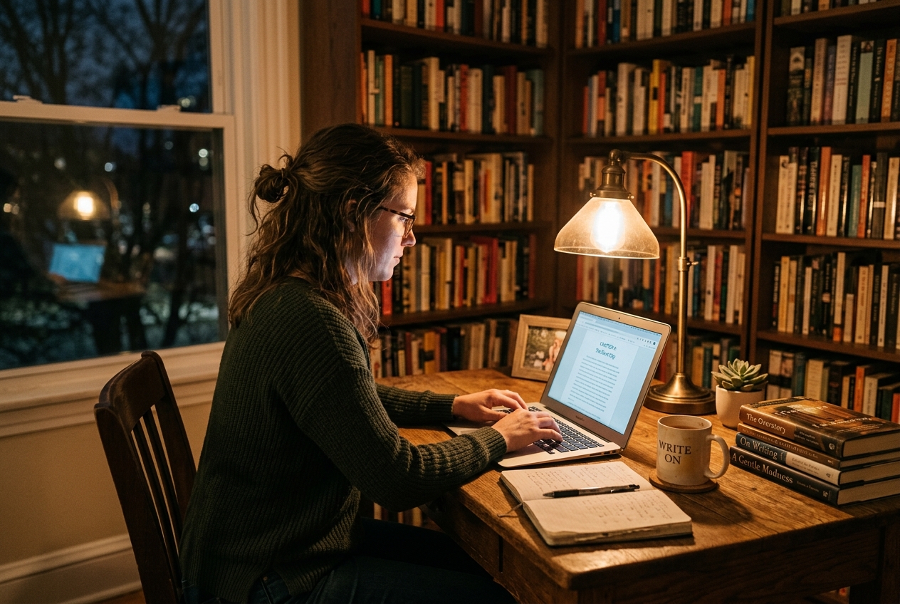 A writer sitting at a desk laptop opened desk light softly lighting the room
